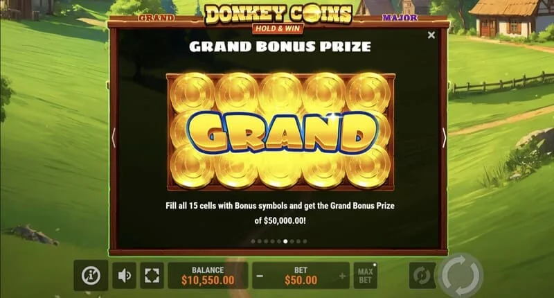 Donkey Coins Hold & Win - หน้าจอแสดง Mini, Minor, Major, Grand Jackpots